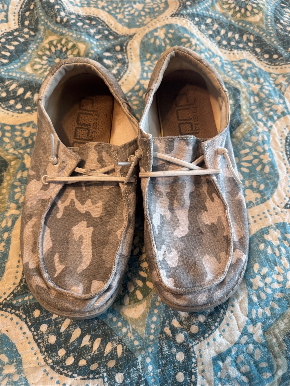 Hey Dude Women's Camo Slip-On Flats in Gray and Tan
